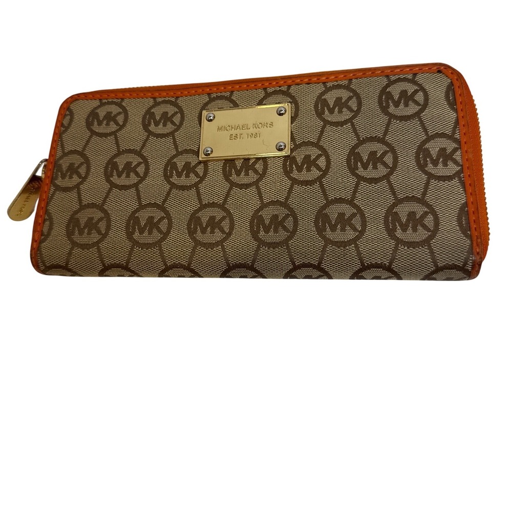 Michael Kors Brown Monogram Zip Around Continental Wallet Orange Trim Gold Logo